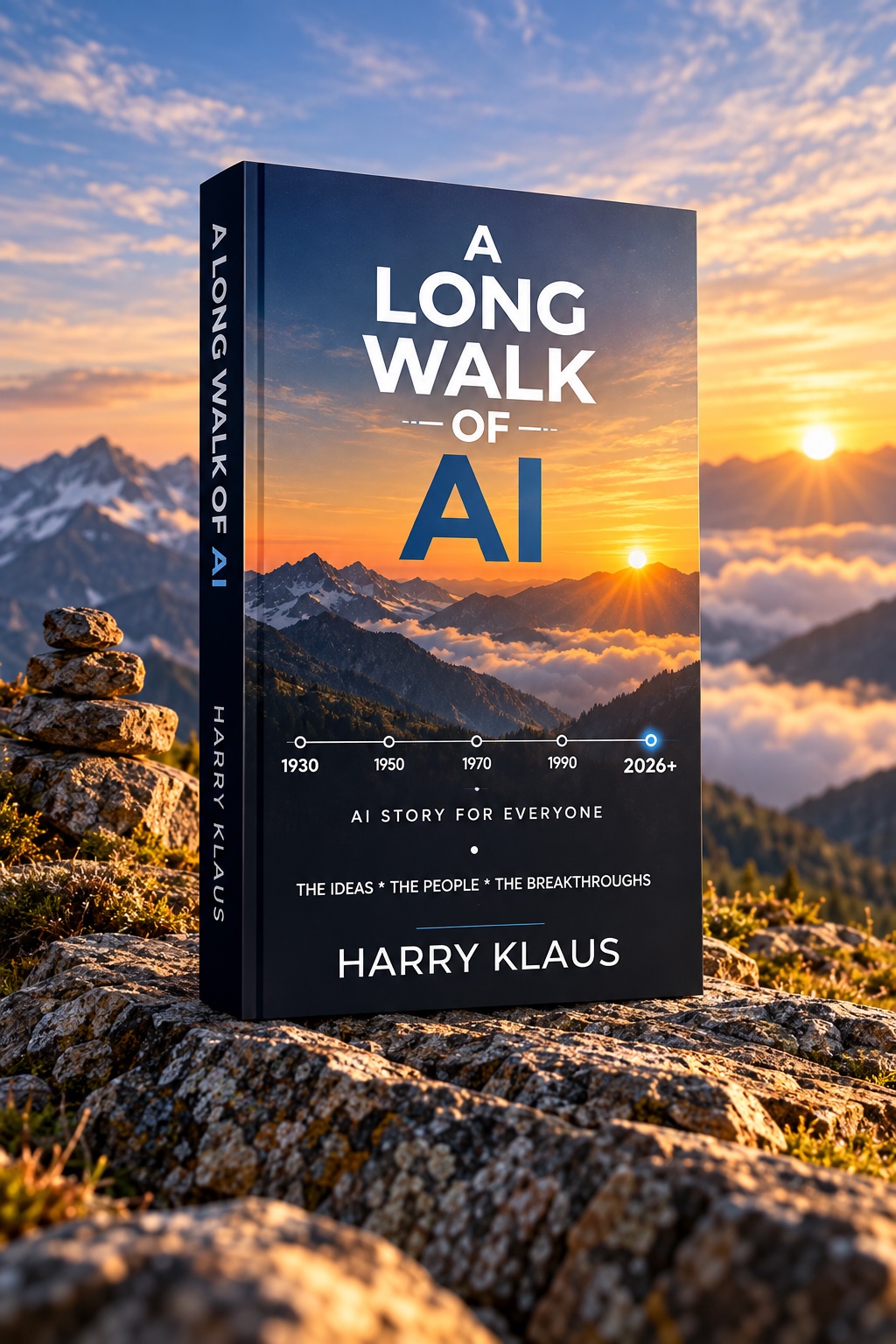 A Long Walk of AI displayed against a mountain sunrise