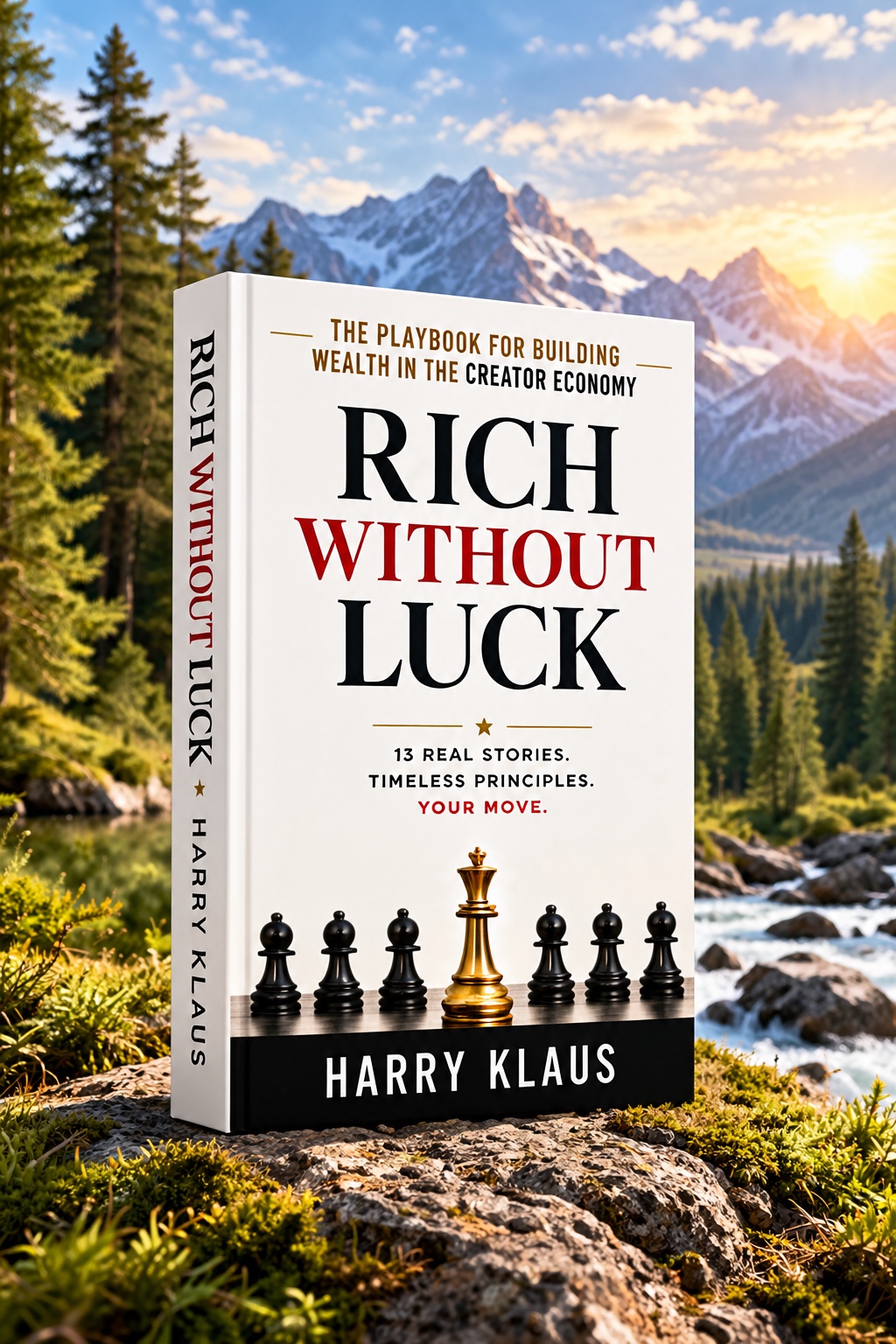 Rich Without Luck displayed beside a mountain stream