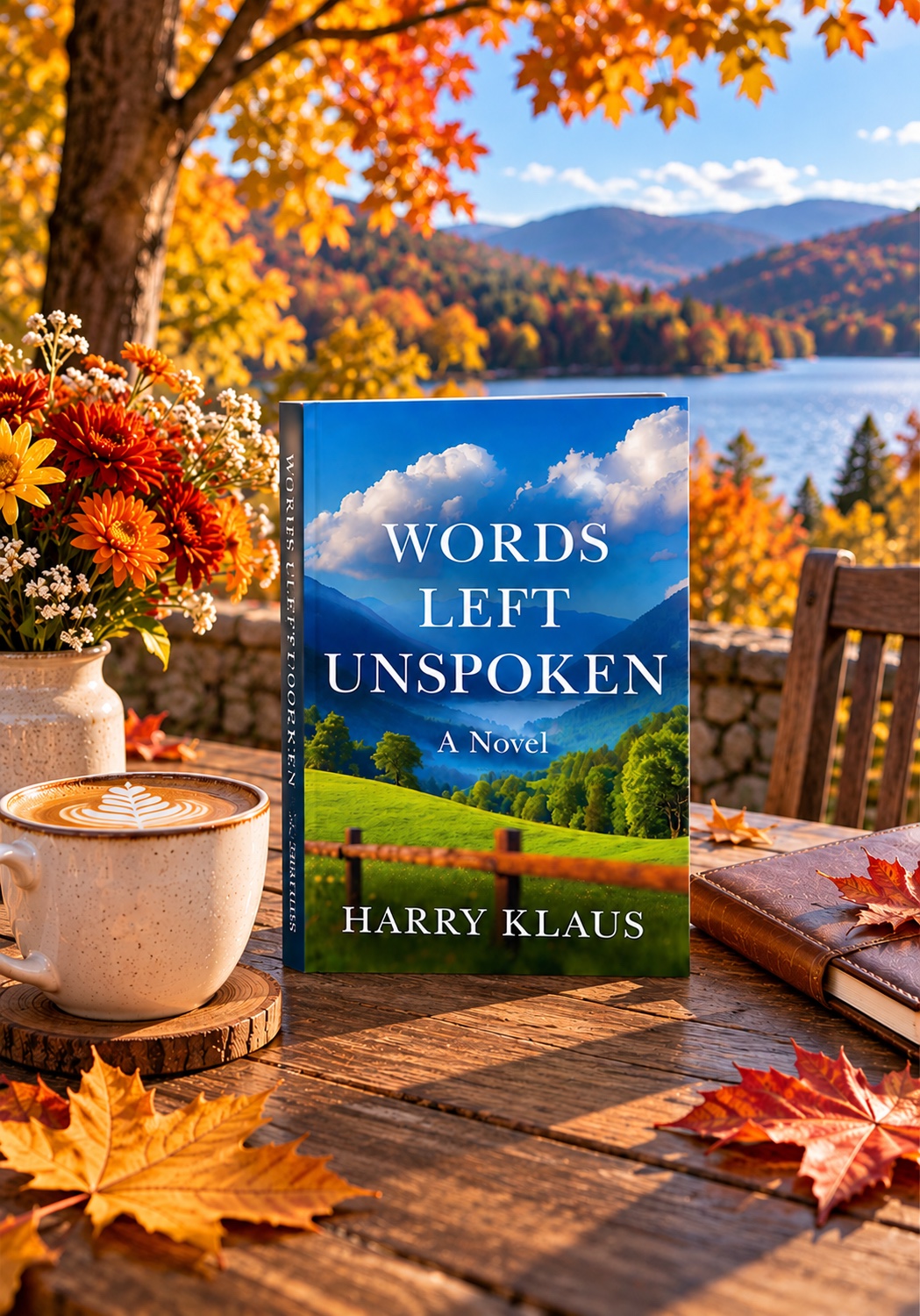 Words Left Unspoken displayed on an autumn lakeside table